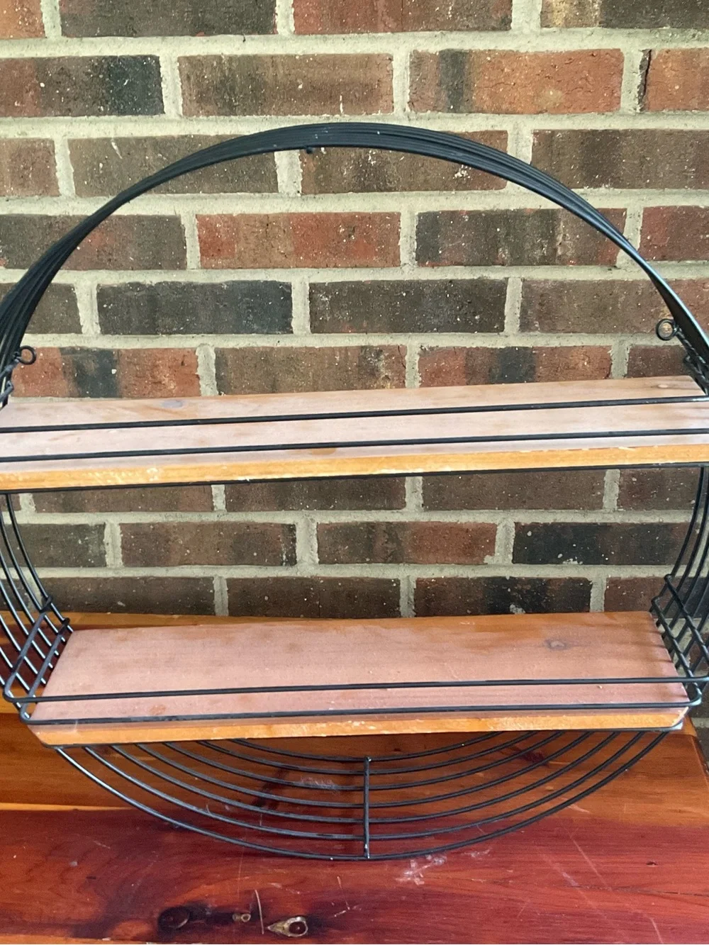 Round Black Metal and Wood Wall Shelf - Two-Tier Decorative Display